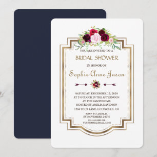 Marsala Floral Navy Blue Gold Fall Brautparty Einladung