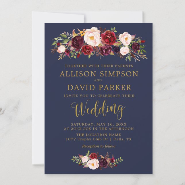 Marsala Floral Navy Herbst Hochzeitskarte Einladung (Vorderseite)