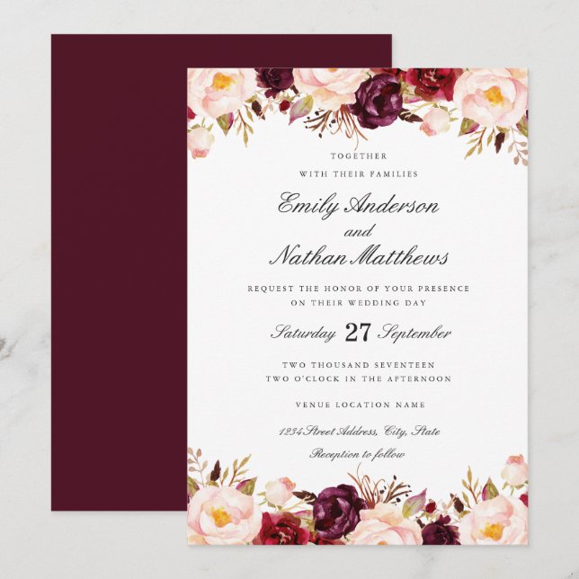 Marsala Floral Red Burgundy Wedding Einladung (Vorne/Hinten)