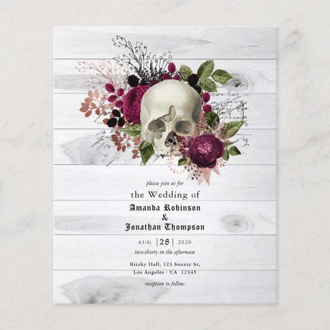 Marsala Floral Skull Halloween Gothic Wedding Flyer (Vorne)