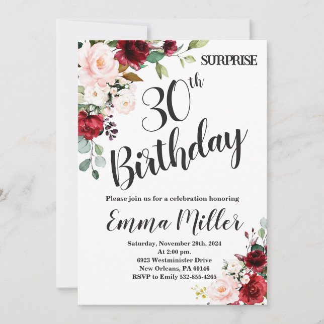 Marsala Floral Surprise 30th Birthday Einladung (Vorderseite)