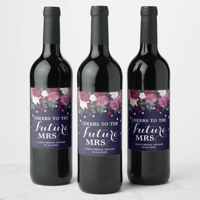 Marsala Floral und Navy Future Frau Brautparty Weinetikett (Flaschen)