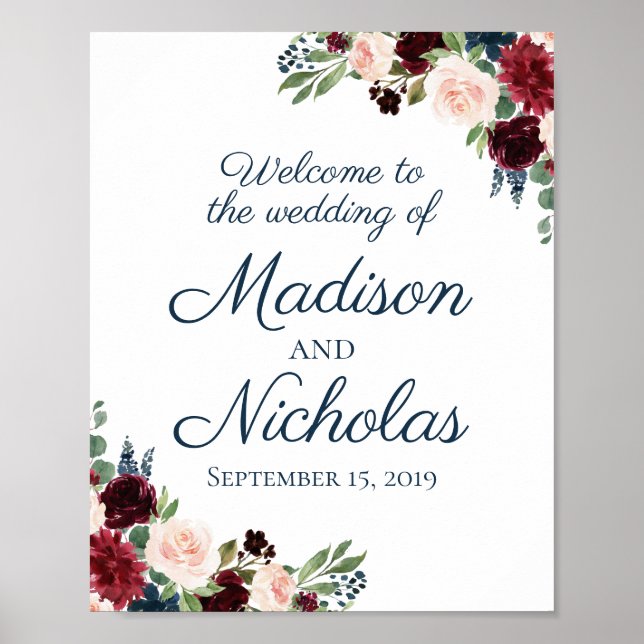 Marsala Floral Wedding Welcome Sign Poster (Vorne)