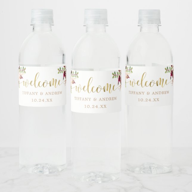 Marsala Floral Wedding Welcome Water Flasche Label (Flaschen)