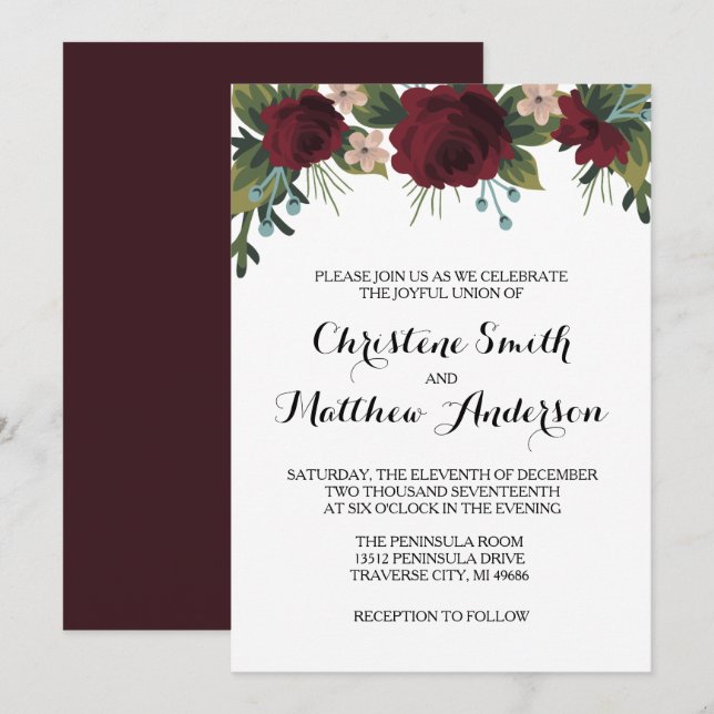 Marsala Floral Winter Wedding Einladung (Vorne/Hinten)