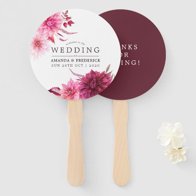 Marsala - Gastgeschenk Hochzeit Burgund und Blüten Fächer (Vorne und Hinten)