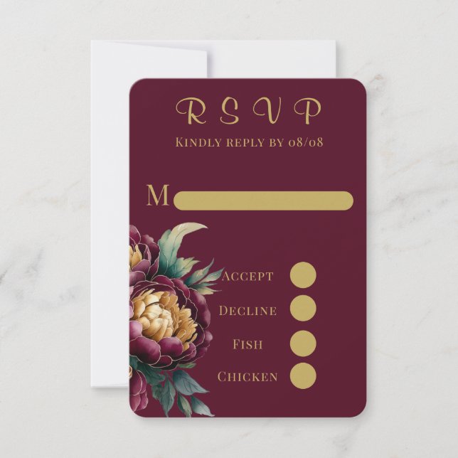 Marsala Gold Painted Peony Wedding RSVP Cards Karte (Vorderseite)