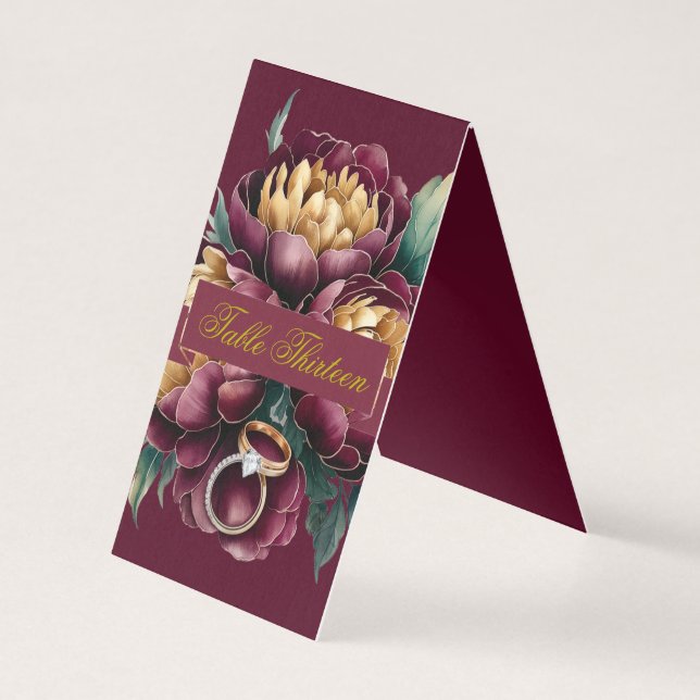 Marsala Gold Peony Wedding Rings Tischnummer (Rückseite)