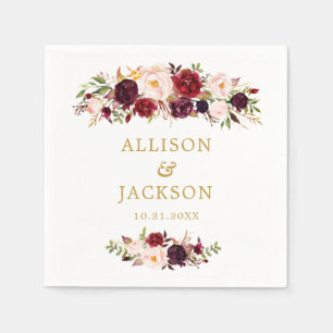 Marsala Gold Red Blume Monogram Wedding Napkin Serviette