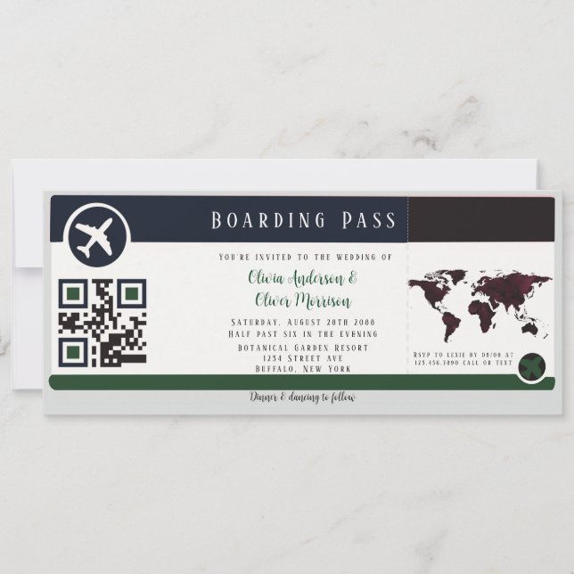 Marsala Green Boarding Pass Wedding Einladung (Vorderseite)