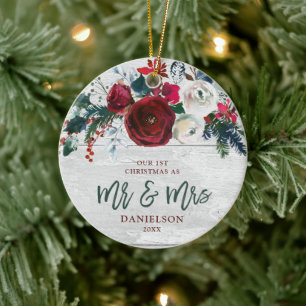 Marsala Greenery Personalized First Mr & Mrs Keramik Ornament