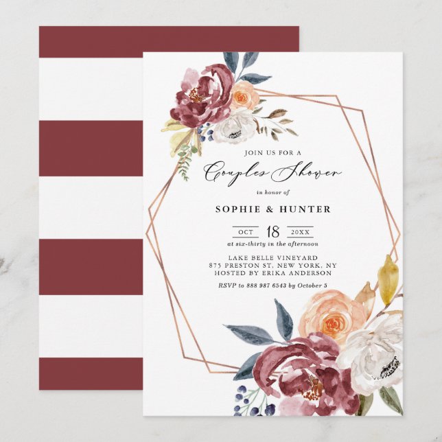 Marsala Herbst Blume Geometrische Paare Dusche Einladung (Vorne/Hinten)