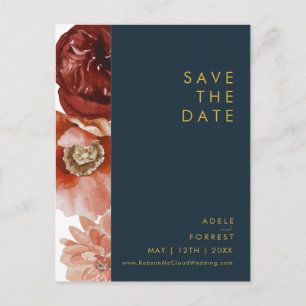 Marsala Herbst Floral Navy Save The Date Postkarte