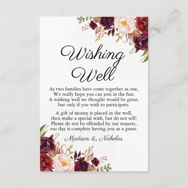 Marsala & Mariage rose Floral Envie de cartes de p (Devant)