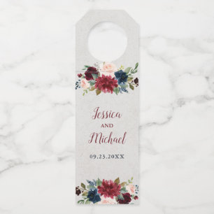 Marsala Marine-BlumenShabby Chic-Hochzeits-Wein Flaschenanhänger