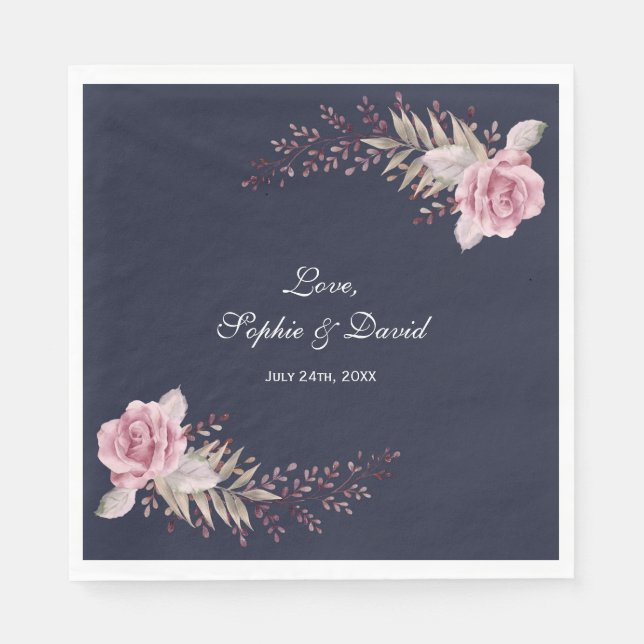 Marsala Maroon Navy Floral Watercolor Hochzeit Serviette (Vorderseite)