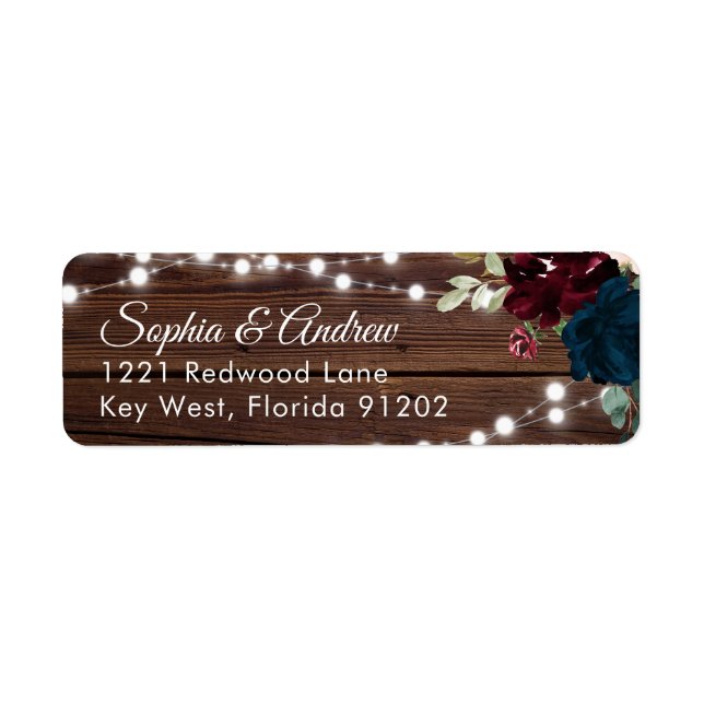 Marsala & Navy Blume Rustic Wood Wedding Adresse (Vorne)