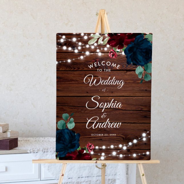 Marsala & Navy Blume Rustic Wood Wedding Willkomme Poster (Von Creator hochgeladen)