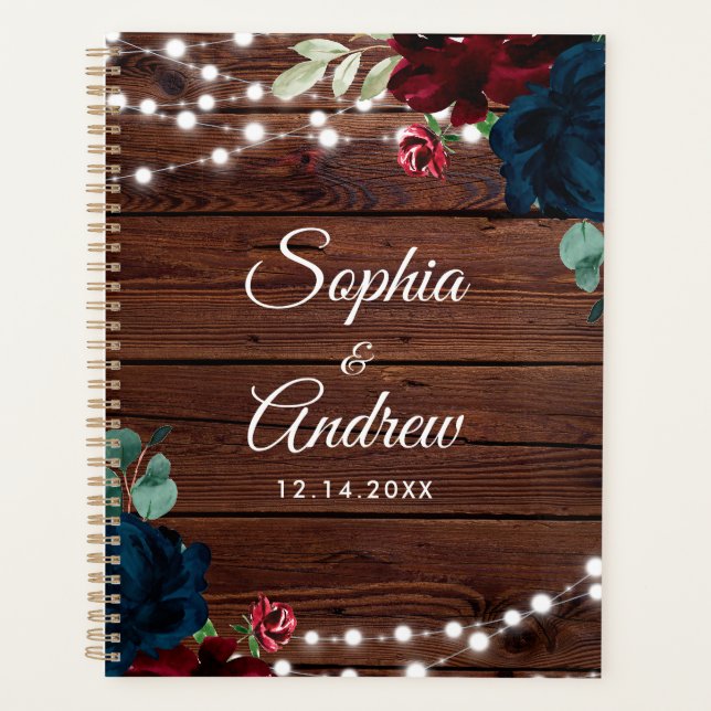 Marsala & Navy Blume Rustikale Holzhochzeit Planer (Vorderseite)