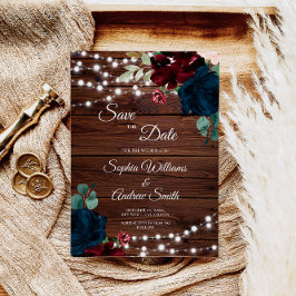 Marsala & Navy Blume Rustikales Holz Save the Date
