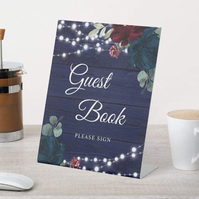 Marsala & Navy Floral Rustic Wood Guest Book Sign Sockelschild (In SItu)