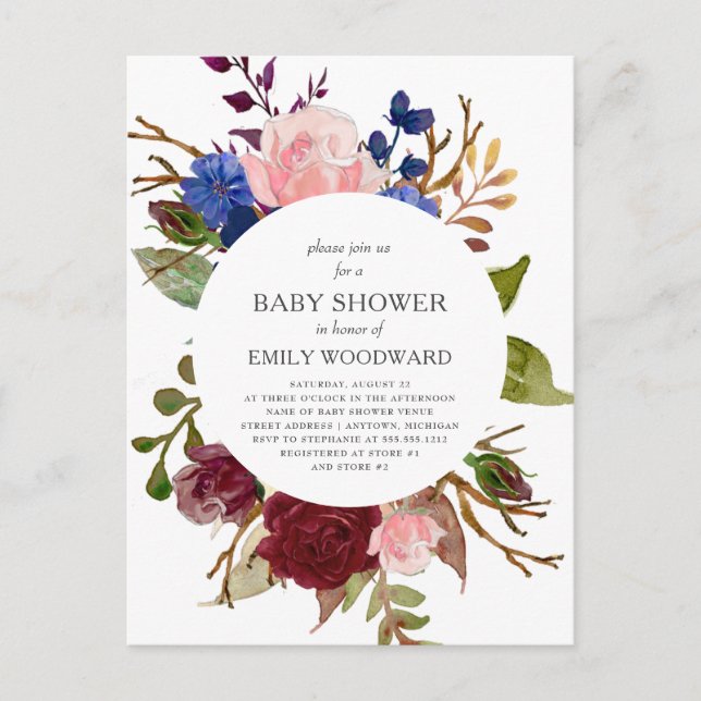 Marsala Navy Pink Rustic Floral Circle Baby Dusche Einladungspostkarte (Vorderseite)