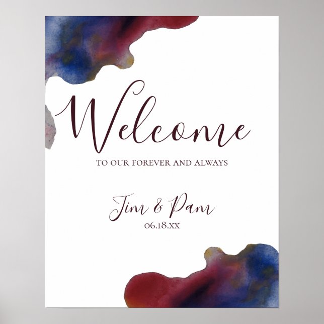 Marsala Navy Watercolor Wedding Welcome Sign Poster (Vorne)