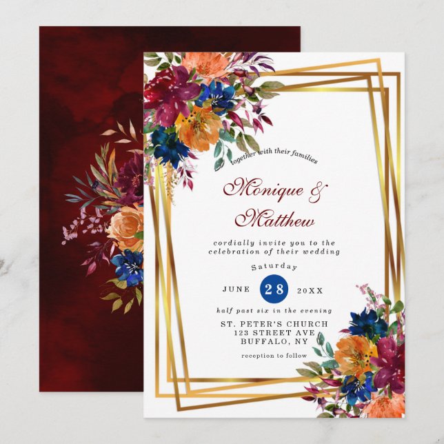 Marsala Orange Floral Geometric Wedding Invi Einladung (Vorne/Hinten)