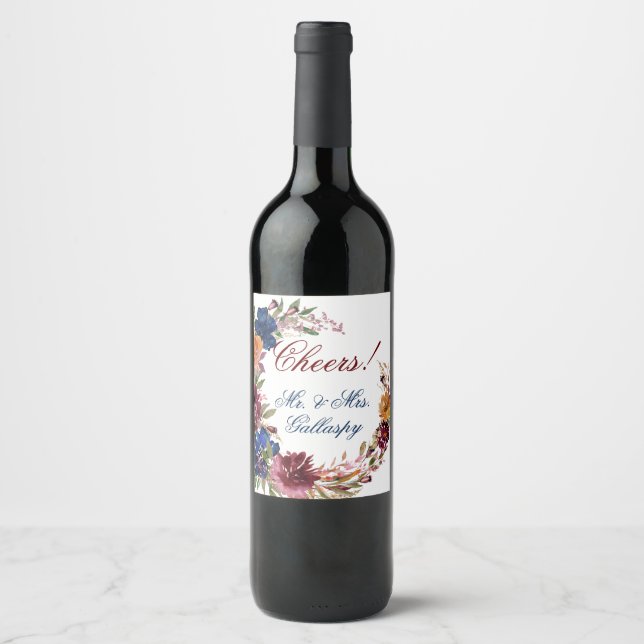Marsala Orange Floral Geometric Wedding Weinetikett (Vorderseite)