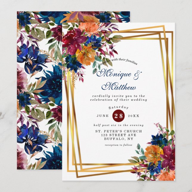 Marsala Orange Floral Gold Geometric Wedding Einladung (Vorne/Hinten)