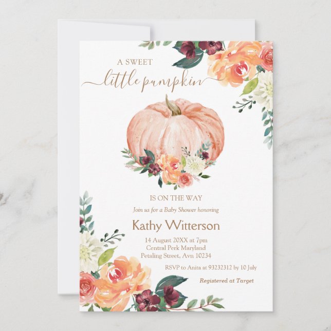 Marsala Orange Floral Pumpkin Baby Shower Einladung (Vorderseite)