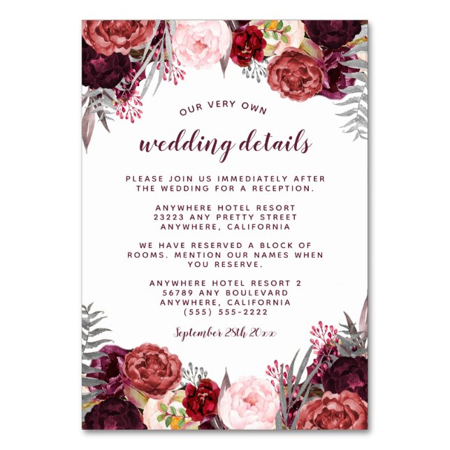 Marsala Peony Hochzeit im Herbst Empfang Cards ein Tischnummer (Vorderseite)