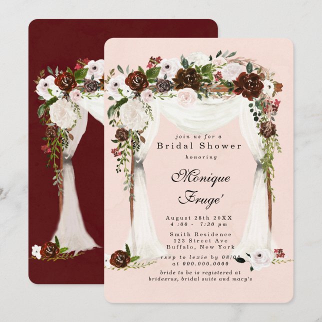 Marsala Pink Blütenweiß Canopy Brautparty Einladung (Vorne/Hinten)