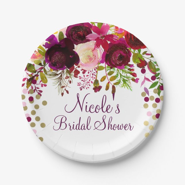 Marsala Pink Floral Gold Burgundy Brautparty Pappteller (Vorderseite)
