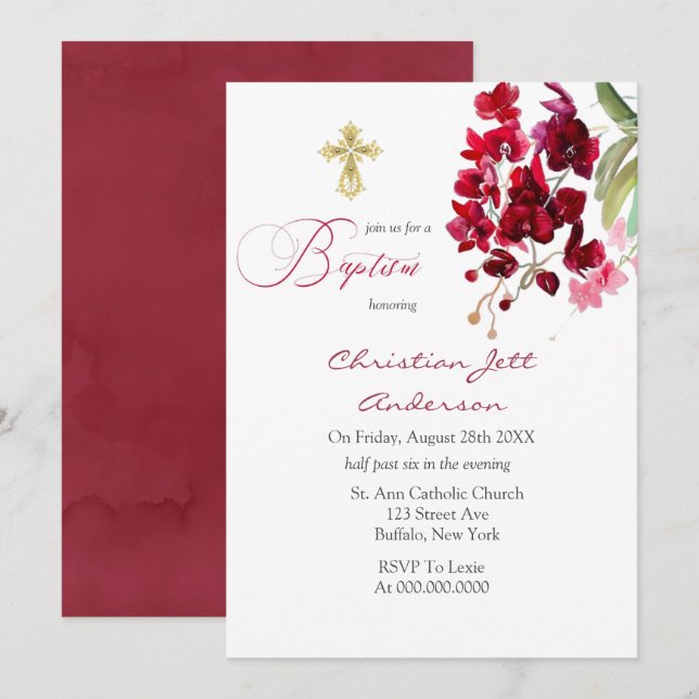 Marsala Pink Floral Gold Cross Taufen Einladung (Vorne/Hinten)