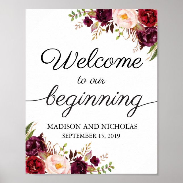 Marsala Pink Floral Herzlich Willkommen im Zeichen Poster (Vorne)