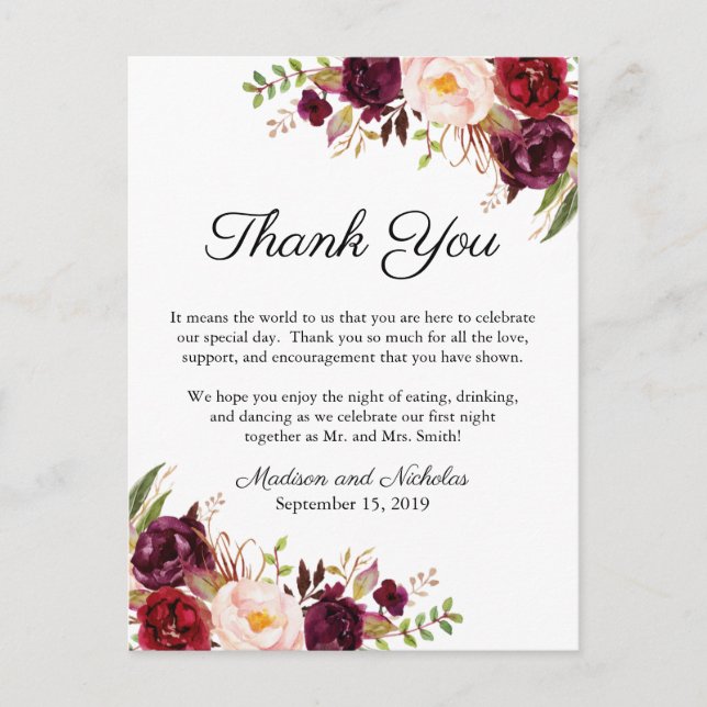 Marsala & Pink Floral Place Einstellung Danke Kart Postkarte (Vorderseite)