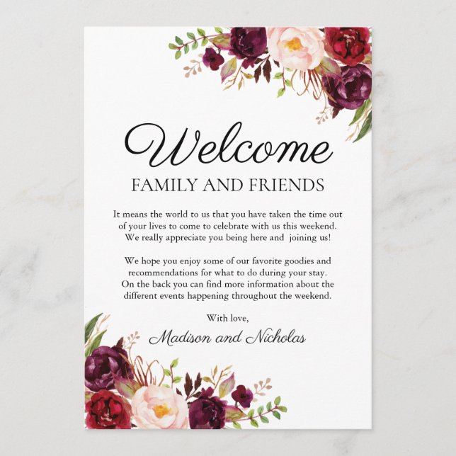 Marsala & Pink Floral Wedding Hotel Welcome Cards Programm (Vorderseite)