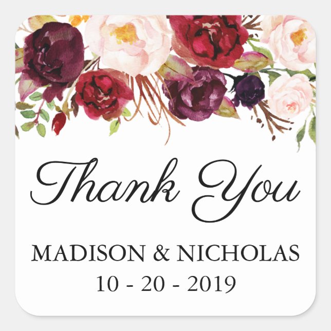Marsala Pink Floral Wedding Square Stickers (Vorderseite)