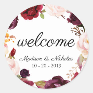Marsala Pink Floral Wedding Welcome Stickers