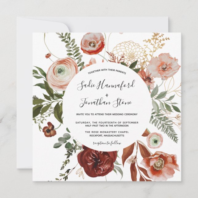Marsala Pink Terracotta Orange Floral Wedding Inv Einladung (Vorderseite)