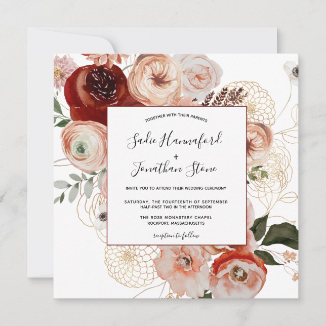 Marsala Pink Terracotta Orange Floral Wedding Inv Einladung (Vorderseite)