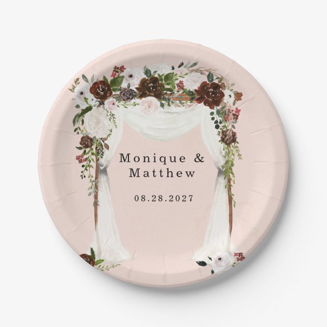 Marsala Pink Wasserfarbe Blumenkanopie Hochzeit Pappteller (Vorderseite)