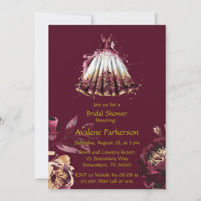 Marsala Red and Gold Peony Brautparty Einladung (Vorderseite)
