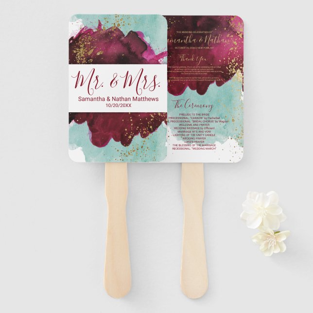 Marsala Red Aquamarin Watercolor Gold Hochzeitspro Fächer (Vorne und Hinten)