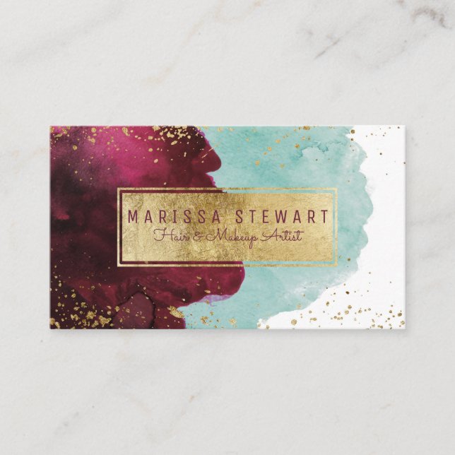 Marsala Red Aquamarin Watercolor Gold Karte (Vorderseite)