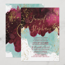 Marsala Red Aquamarin Watercolor Gold Splash Weddi
