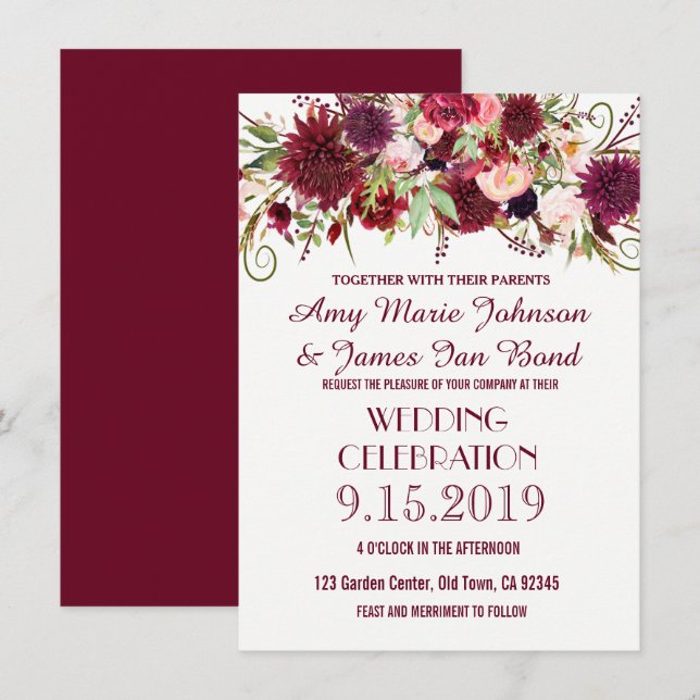 Marsala Red Bourgogne Floral Wedding Invitations (Devant / Derrière)