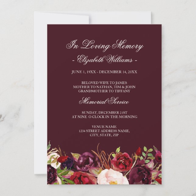 Marsala Red Burgundy Floral Memorial Service Einladung (Vorderseite)