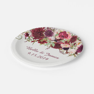 Marsala Red Burgundy Floral Wedding Paper Plate Pappteller